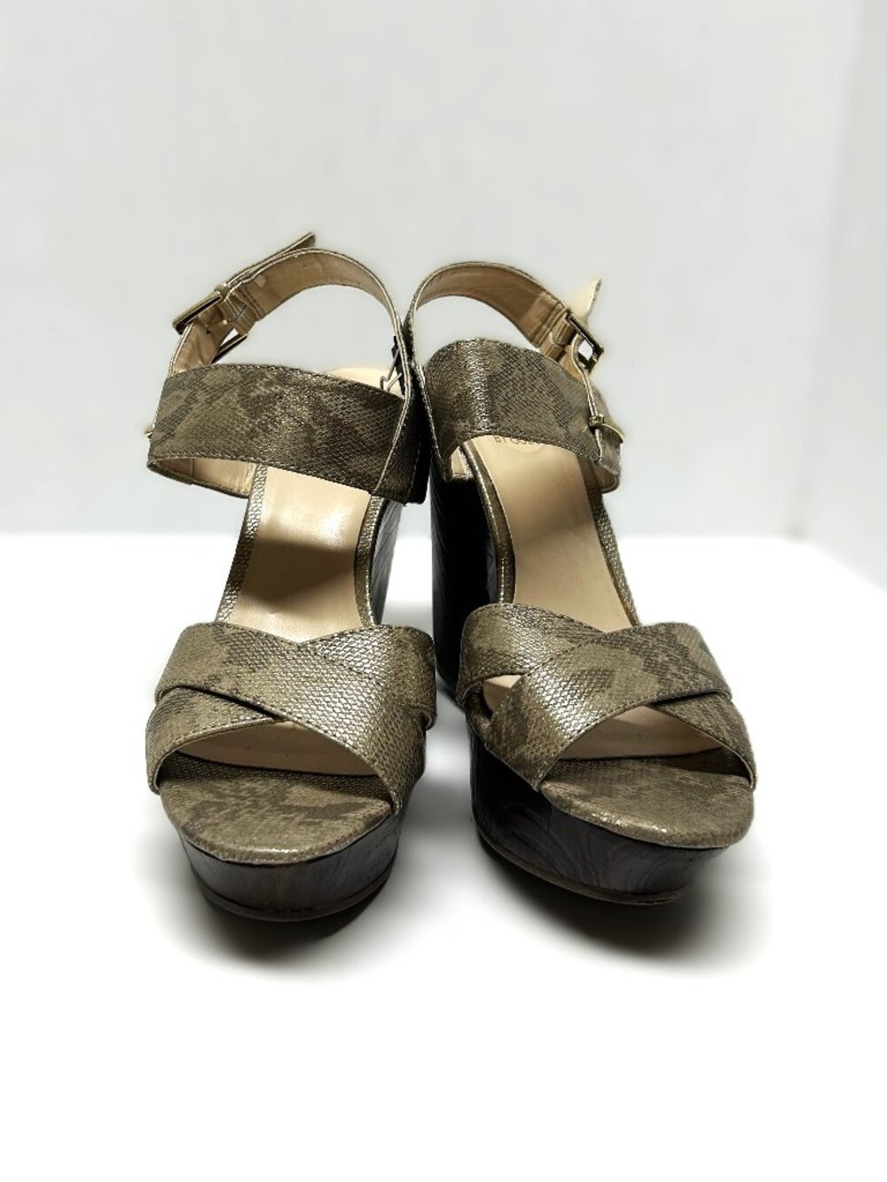 G by Guess gold shimmery snakeskin wood platform heel